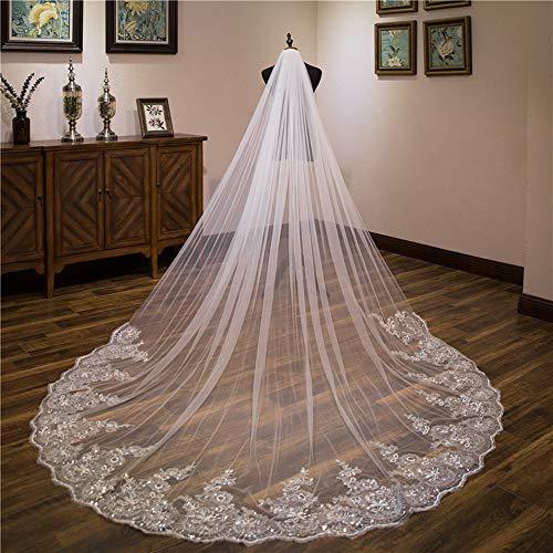 Long Wedding Veil Lace Sequins Edge Cathedral Wedding Bridal Veil with Metal Comb, Ivory - Decotree.co Online Shop