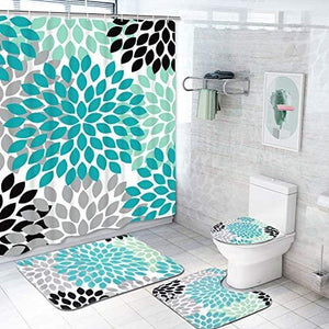 4 Piece Colorful Flower Shower Curtain Set with Non-Slip Rug, Toilet Lid Cover, Bath Mat and 12 Hooks, Floral Lotus Waterproof Shower Curtain Set for Bathroom - Decotree.co Online Shop