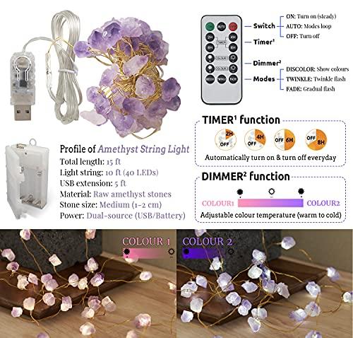 Natural Amethyst Raw Stones USB/Battery Powered 10FT 40 LEDs with Remote for Meditation Wedding Day Present Bedroom Christmas Party Birthday - Decotree.co Online Shop