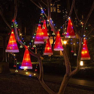 Christmas Decorations Outdoor 8Pcs Hanging Lighted Glowing Santa Hats with 14Pcs Small Décor Bells 33ft Christmas Lights String with 8 Lighting Modes - Decotree.co Online Shop