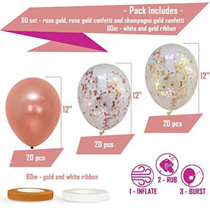 60 PACK Dandy Decor Rose Gold Balloons + Confetti Balloons w/ Ribbon | Rose gold Balloons for Parties | Bridal & Baby Shower - Decotree.co Online Shop