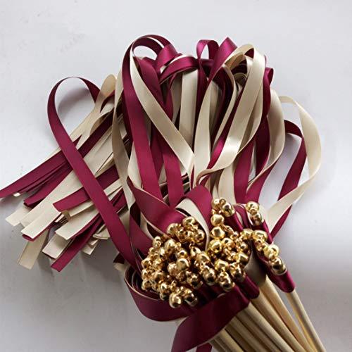 50 Pcs Wine Cream Wedding Ribbon Wands Fairy Sticks with Gold Bell for Wedding Favor Party Decoration - Decotree.co Online Shop