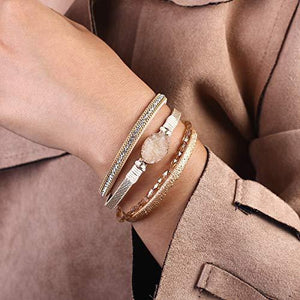 Leather Wrap Bracelet Boho Cuff Bracelets Crystal Bead Bracelet with Magnetic Clasp - Decotree.co Online Shop