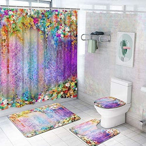 4 Piece Colorful Flower Shower Curtain Set with Non-Slip Rug, Toilet Lid Cover, Bath Mat and 12 Hooks, Floral Lotus Waterproof Shower Curtain Set for Bathroom - Decotree.co Online Shop