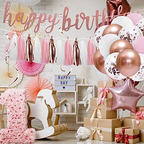 Rose Gold Pink Birthday Party Decorations Set with Happy Birthday Banner, Cake Topper - Decotree.co Online Shop