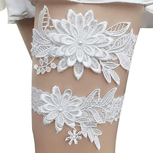 Wedding Garters for Bride Daisy Lace Bridal Garter Hand Sewn Faux Pearls Garter Set 2 Pieces (White) - Decotree.co Online Shop