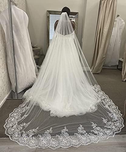 U-Hotmi Long Wedding Veil Lace Sequins Edge Cathedral Wedding Bridal Veil with Metal Comb, Ivory