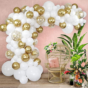 White and Gold Balloon Arch Kit | Balloon Garland | 16' | 150 Balloons | Gold Crushed Confetti Balloons, Gold Chrome Metallic Balloons, & White Premium Latex Balloons - Decotree.co Online Shop