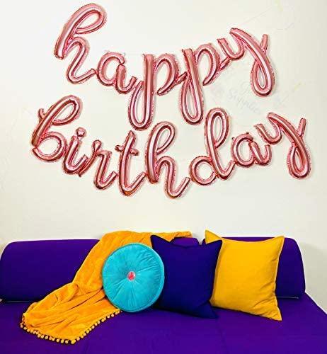 Rose Gold Happy Birthday Balloons Banner | Script / Cursive Rose Gold Letter Balloon Sign For Birthday Party Decoration - Decotree.co Online Shop