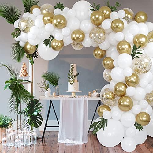 White and Gold Balloon Arch Kit | Balloon Garland | 16' | 150 Balloons | Gold Crushed Confetti Balloons, Gold Chrome Metallic Balloons, & White Premium Latex Balloons - Decotree.co Online Shop