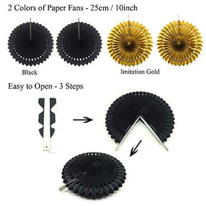 Black and Gold Party Decorations, Confetti Balloons Decorative Folding Fans Paper Pompoms Triangle Bunting Flags Garlands - Decotree.co Online Shop