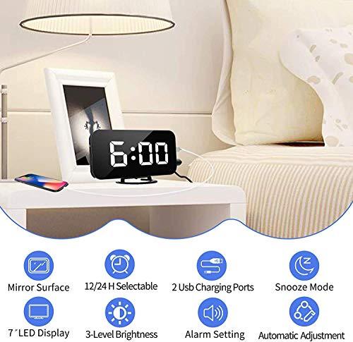 Digital Alarm Clocks,7" LED Mirror Electronic Clock,with 2 USB Charging Ports,Snooze Mode,Auto Adjust Brightness,Modern Desk Wall Clock for Bedroom Living Room Office - Decotree.co Online Shop