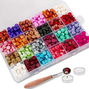 624PCS Sealing Wax Beads Packed in Plastic Box, with 2PCS Tea Candles and 1 PC Wax Melting Spoon for Wax Sealing Stamp (24 Colors) - Decotree.co Online Shop