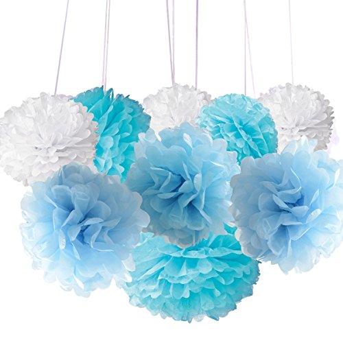 18pcs Tissue Hanging Paper Pom-poms, Hmxpls Flower Ball Wedding Party Outdoor Decoration Premium Tissue Paper Pom Pom Flowers Craft Kit (Blue & White), 8"/ 10"/ 12" - Decotree.co Online Shop
