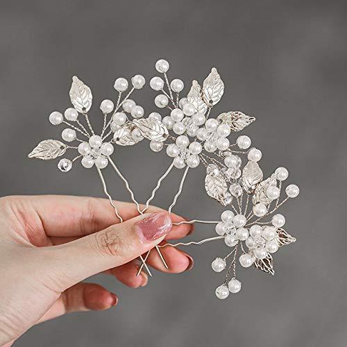 Pearl Bride Wedding Hair Pins Leaf Bridal Head Piece Flower Hair Accessories for Women and Girls (Pack of 3) (Silver) - Decotree.co Online Shop