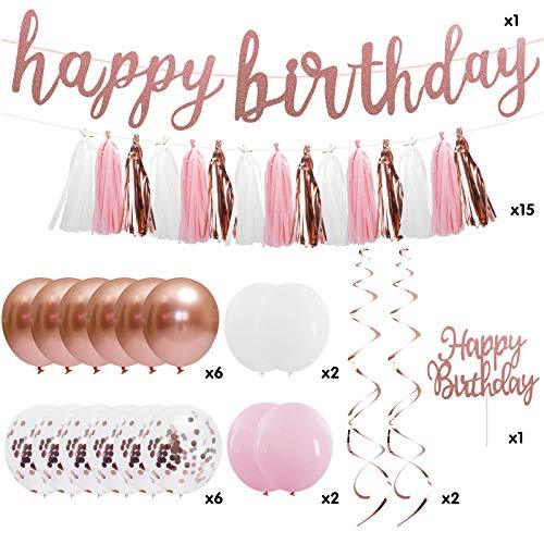 Rose Gold Pink Birthday Party Decorations Set with Happy Birthday Banner, Cake Topper - Decotree.co Online Shop