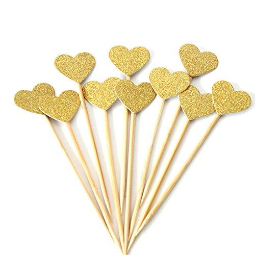 Glitter Heart Cupcake Toppers Gold Party Cupcake Decorations for Party Dessert Decorations Topper, Pack of 50 - Decotree.co Online Shop