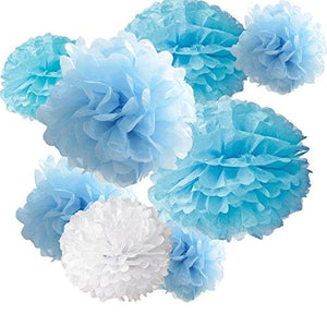 18pcs Tissue Hanging Paper Pom-poms, Hmxpls Flower Ball Wedding Party Outdoor Decoration Premium Tissue Paper Pom Pom Flowers Craft Kit (Blue & White), 8"/ 10"/ 12" - Decotree.co Online Shop