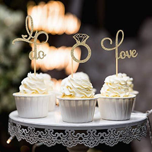 Wedding Bridal Shower Cupcake Toppers- Gold Glitter Diamond Ring Love I Do Heart Cupcake Topper Picks for Wedding Engagement Bridal Shower - Decotree.co Online Shop