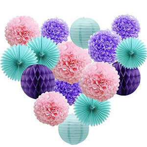 Teal Lavender Purple Pink Party Decorations 16pcs Paper Pom Poms Honeycomb Balls Blue Lanterns Tissue Fans for Wedding Birthday Baby Shower Frozen Party Supplies - Decotree.co Online Shop