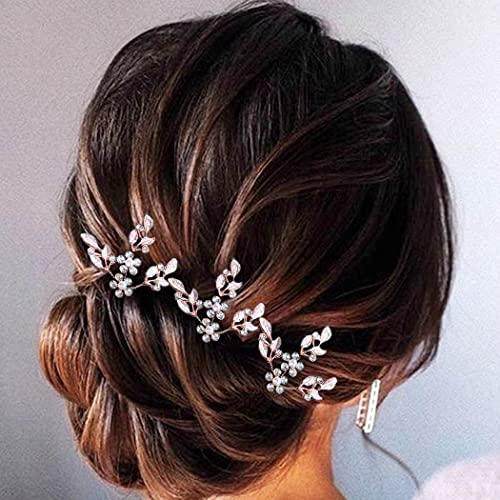 Leaf Bride Wedding Hair Pins Crystal Bridal Head Dress Pearl Hair Accessories for Women and Girls (Pack of 3) (Rose Gold) - Decotree.co Online Shop