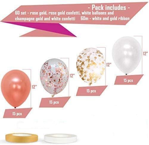 60 Pack Rose Gold Balloons + White Balloons + Confetti Balloons w/Ribbon for Bridal & Baby Shower Parties | Latex Balloon Decorations - Decotree.co Online Shop