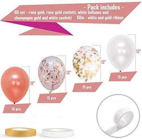 60 Pack Rose Gold Balloons + White Balloons + Confetti Balloons w/Ribbon for Bridal & Baby Shower Parties | Latex Balloon Decorations - Decotree.co Online Shop