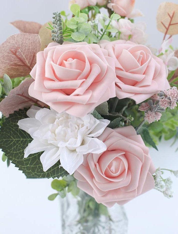 Real Looking Artificial Flowers Blush Foam Fake Roses with Stems for DIY Wedding Bouquets Pink Bridal Shower Centerpieces - Decotree.co Online Shop