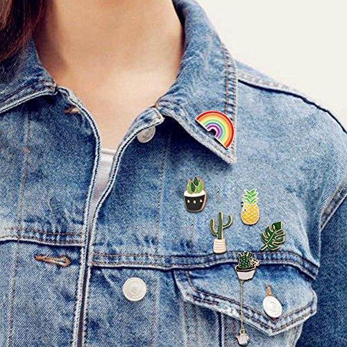 Cute Enamel Lapel Pin Set, 6pcs Cartoon Brooch Pin Badges for Clothes Bags Backpacks - Rainbow Cactus Succulent Leaves Pineapple - Decotree.co Online Shop