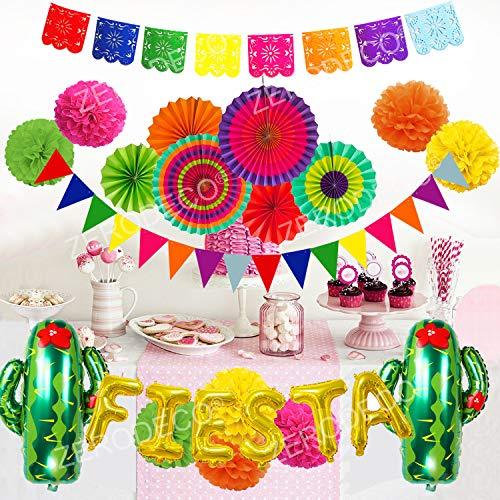 Fiesta Party Decoration, Multicolor Festival Mexicano Picado Banner Foil Fiesta and Cactus Balloons Paper Fan Pompoms - Decotree.co Online Shop
