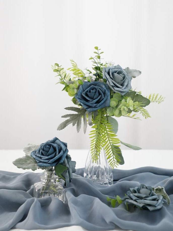 Real Looking Dusty Blue Foam Fake Roses with Stems for DIY Wedding Bouquets Bridal Shower Centerpieces Artificial Flowers - Decotree.co Online Shop