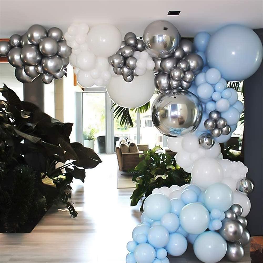 155PCS 18In 12In 5In Metallic Sliver Macaron Blue White Balloon Arch Garland For Festival Picnic Family Engagement, Wedding, Birthday Party - Decotree.co Online Shop