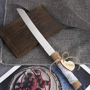 Rustic Style Stainless Steel Wedding Cake Knife and Serving Set Resin Plastic Handle with Twine Heart Love Wood Tag and Burlap Lace Design - Decotree.co Online Shop