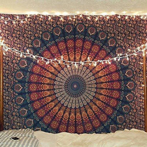 Indian hippie Bohemian Psychedelic Golden Blue Peacock Mandala Wall hanging Bedding Tapestry (Golden Blue, Queen (72x90Inches) - Decotree.co Online Shop