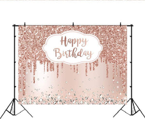 Pink Rose Golden Birthday Party Backdrop Glitter Diamonds Happy Birthday Background - Decotree.co Online Shop