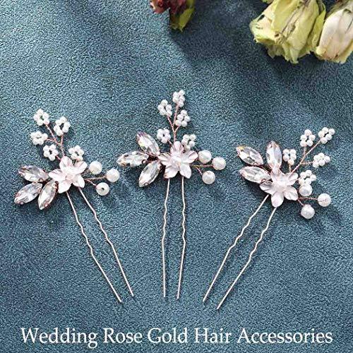 Heread Crystal Bride Wedding Hair Pins Flower Bridal Head Piece Pearl Hair Accessories for Women and Girls (Pack of 3) (B Rose Gold)
