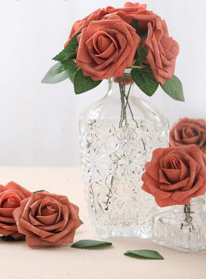 Dusty Cedar Foam Fake Roses with Stems for DIY Wedding Bouquets Bridal Shower Centerpieces Artificial Flowers - Decotree.co Online Shop