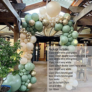 115 Piece Retro Olive Green Balloon Garland Kit-Double Stuffed Sage Green, Ivory White And Metallic Chrome Gold Balloons - Decotree.co Online Shop