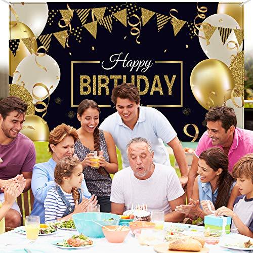 Happy Birthday Backdrop Banner Extra Large Black and Gold Sign Poster for Men Women Birthday Anniversary Party Photo Booth Backdrop - Decotree.co Online Shop