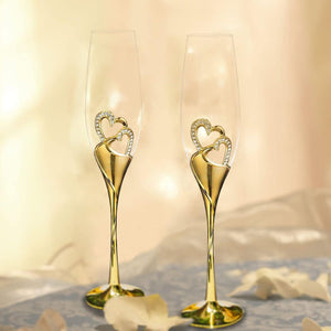 Wedding Champagne Glass Set Gold Toasting Flute Glasses Deluxe Pack of 2 with Rhinestone Rimmed Hearts - Decotree.co Online Shop
