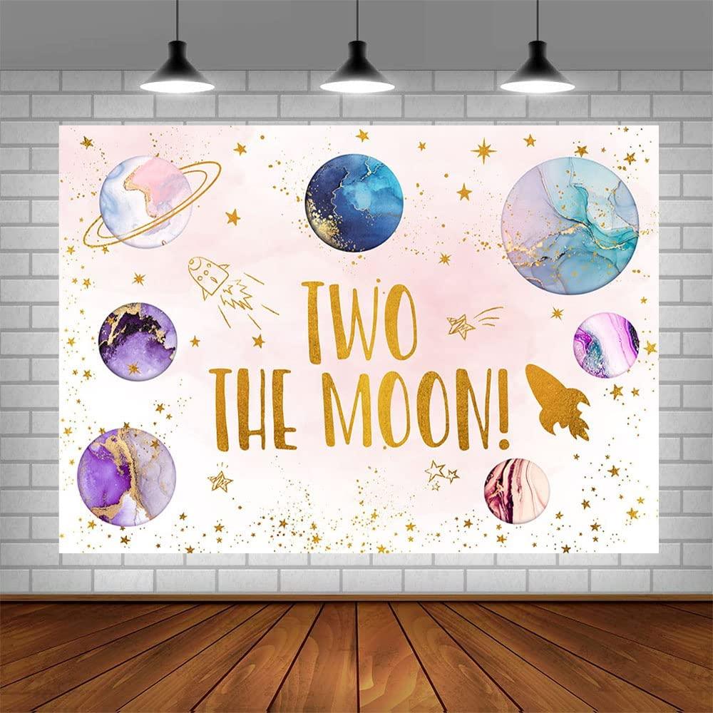 Two The Moon Backdrop Outer Space 2nd Birthday Decorations for Girls Rocket Planet Purple Galaxy Photography Background - Decotree.co Online Shop