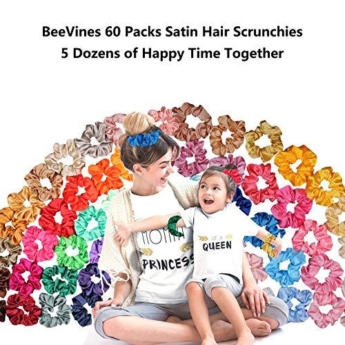 60 Pack Hair Scrunchies, BeeVines Satin Silk Scrunchies for Hair, Silky Curly Hair Accessories for Women, Hair Ties Ropes for Teens - Decotree.co Online Shop