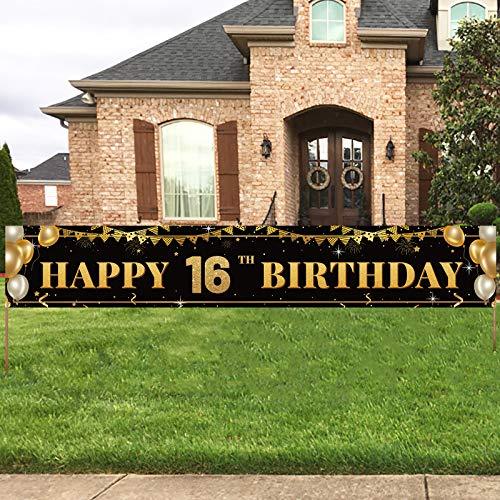 Large Happy 16th Birthday Decoration Banner, Black and Gold Happy 16th Birthday Banner Sign, 16th Birthday Party Decorations Supplies(9.8x1.6ft) - Decotree.co Online Shop