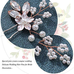 Crystal Bride Wedding Hair Pins Flower Bridal Head Piece Pearl Hair Accessories for Women and Girls (Pack of 3) (B Rose Gold) - Decotree.co Online Shop