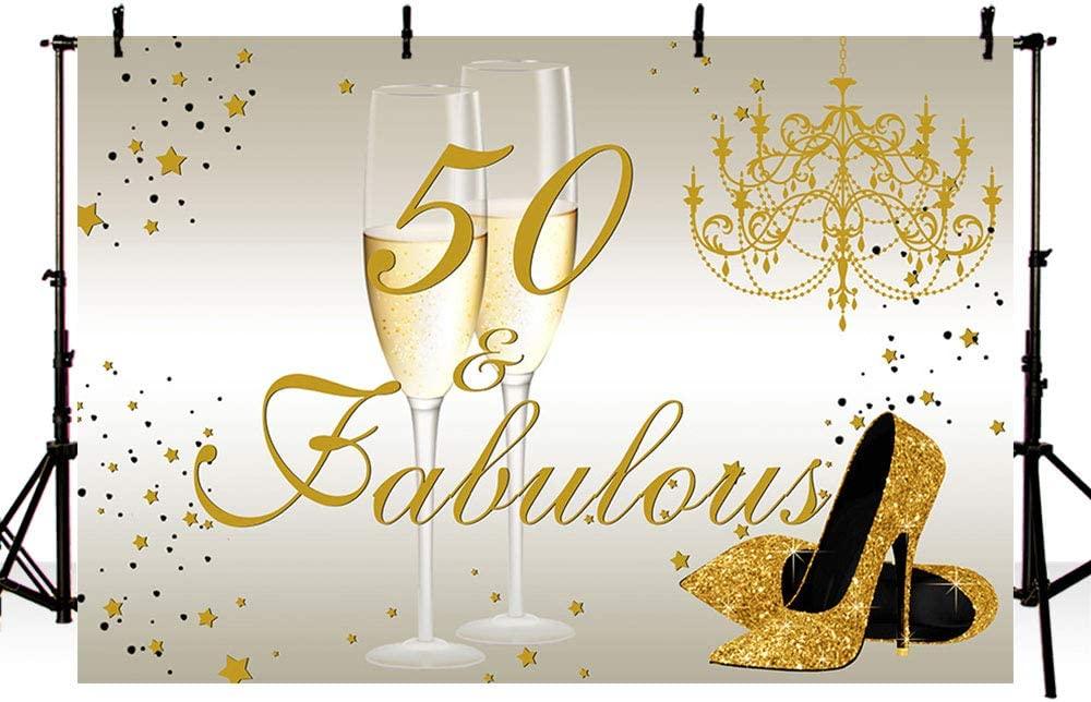 Happy 50th Birthday Backdrop for Women 50th Birthday Decoration Banner Gold High Heels and Champagne - Decotree.co Online Shop
