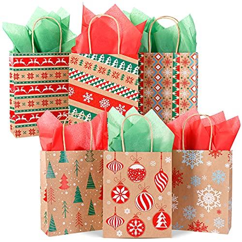 24 PCS Christmas Kraft Gift Bags with Tissue Paper, Christmas Paper Gift Bags with Handle Christmas Goody Bags - Decotree.co Online Shop