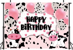 Cartoon Cow Happy Birthday Backdrop Banner Cow Party Decorations Pink White Cow Print Balloons Farm Animals Background - Decotree.co Online Shop