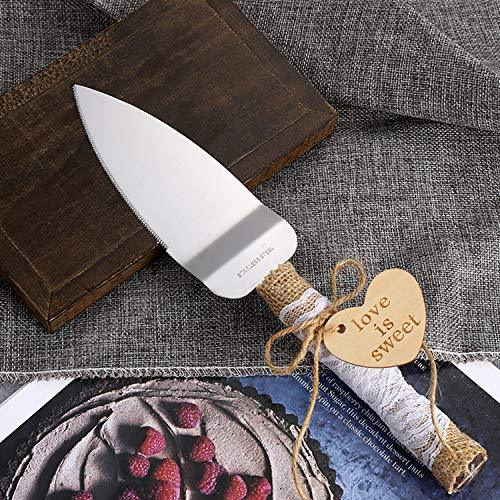 Rustic Style Stainless Steel Wedding Cake Knife and Serving Set Resin Plastic Handle with Twine Heart Love Wood Tag and Burlap Lace Design - Decotree.co Online Shop
