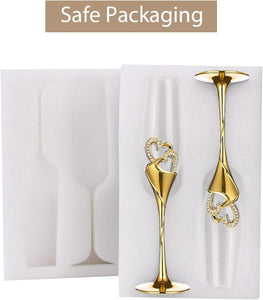 Wedding Champagne Glass Set Gold Toasting Flute Glasses Deluxe Pack of 2 with Rhinestone Rimmed Hearts - Decotree.co Online Shop