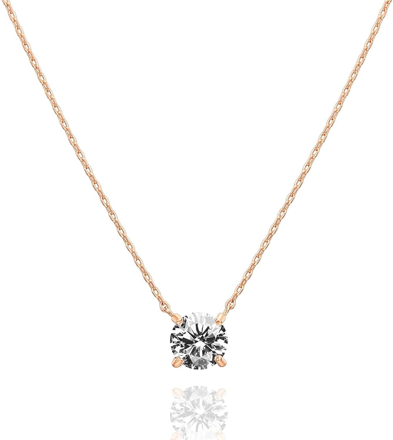 14K Gold Plated Crystal Solitaire 1.5 Carat (7.3mm) CZ Dainty Choker Necklace - Decotree.co Online Shop